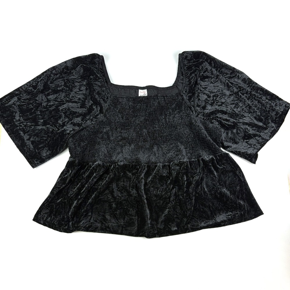 Belle Du Jour Crushed Velvet Smocked Top Womens 4X Black Square Neck Boho Peasnt